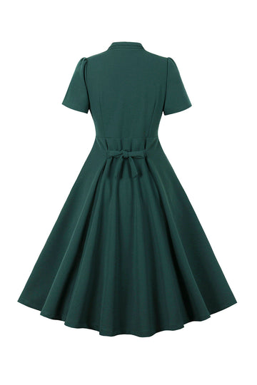 Verde Deep V Neck 1950s vestido com mangas curtas